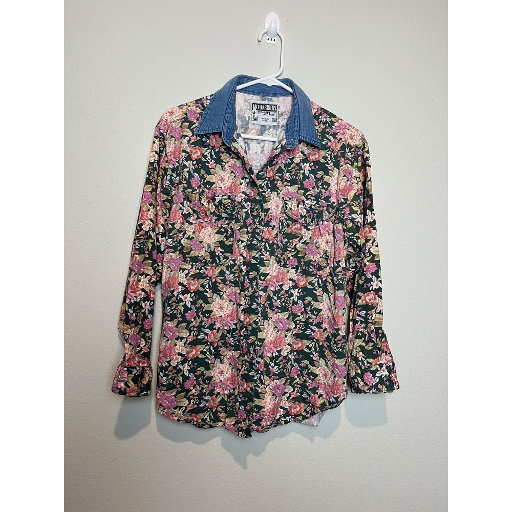 No Barriers Button Up Shirt Womens S Multicolor Floral Denim Collar Long Sleeve